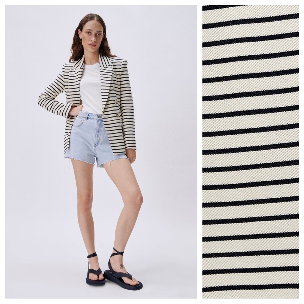 NWT. Zara Ecru/Navy Blue Striped Double Breasted Blazer. Size XS.